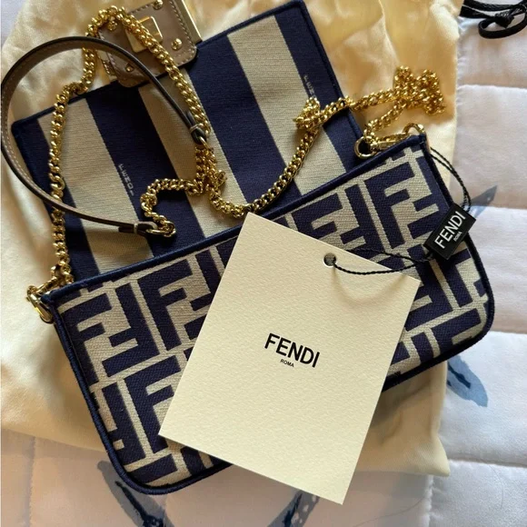 Fendi Baguette Blue and White Crossbody Bag with Iconic Monogram - Picture 10 of 12